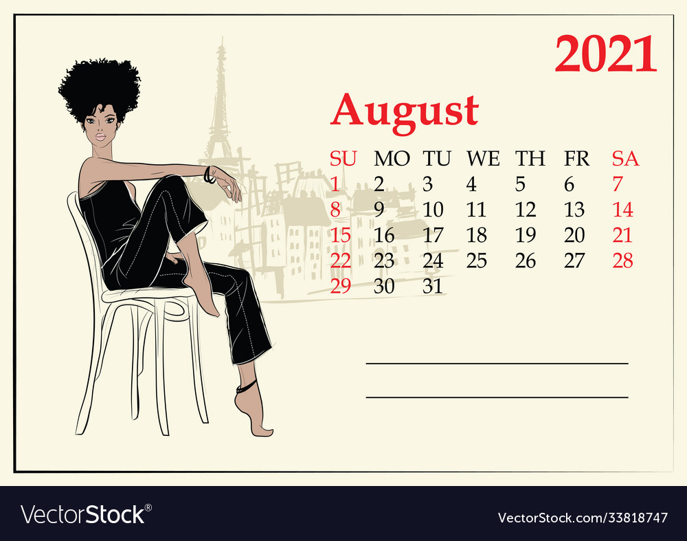 August 21 Calendar With Fashion Girl In Sketch Vector Image