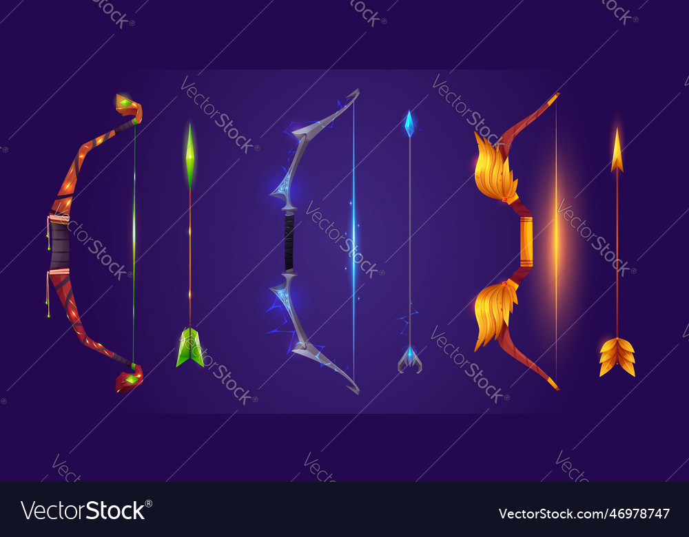 Cartoon set of fantasy bows and arrows Royalty Free Vector