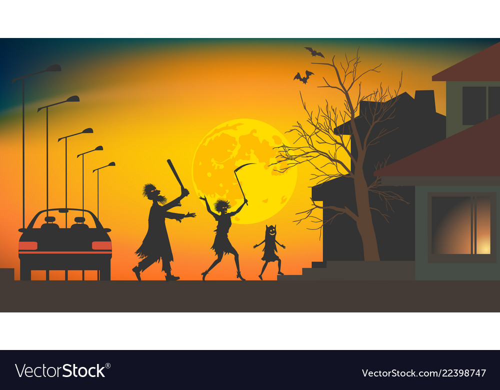 Familie in Halloween Kostümen behandelt Tür zu Tür vector image Familie in Halloween Kostümen behandelt Tür zu Tür