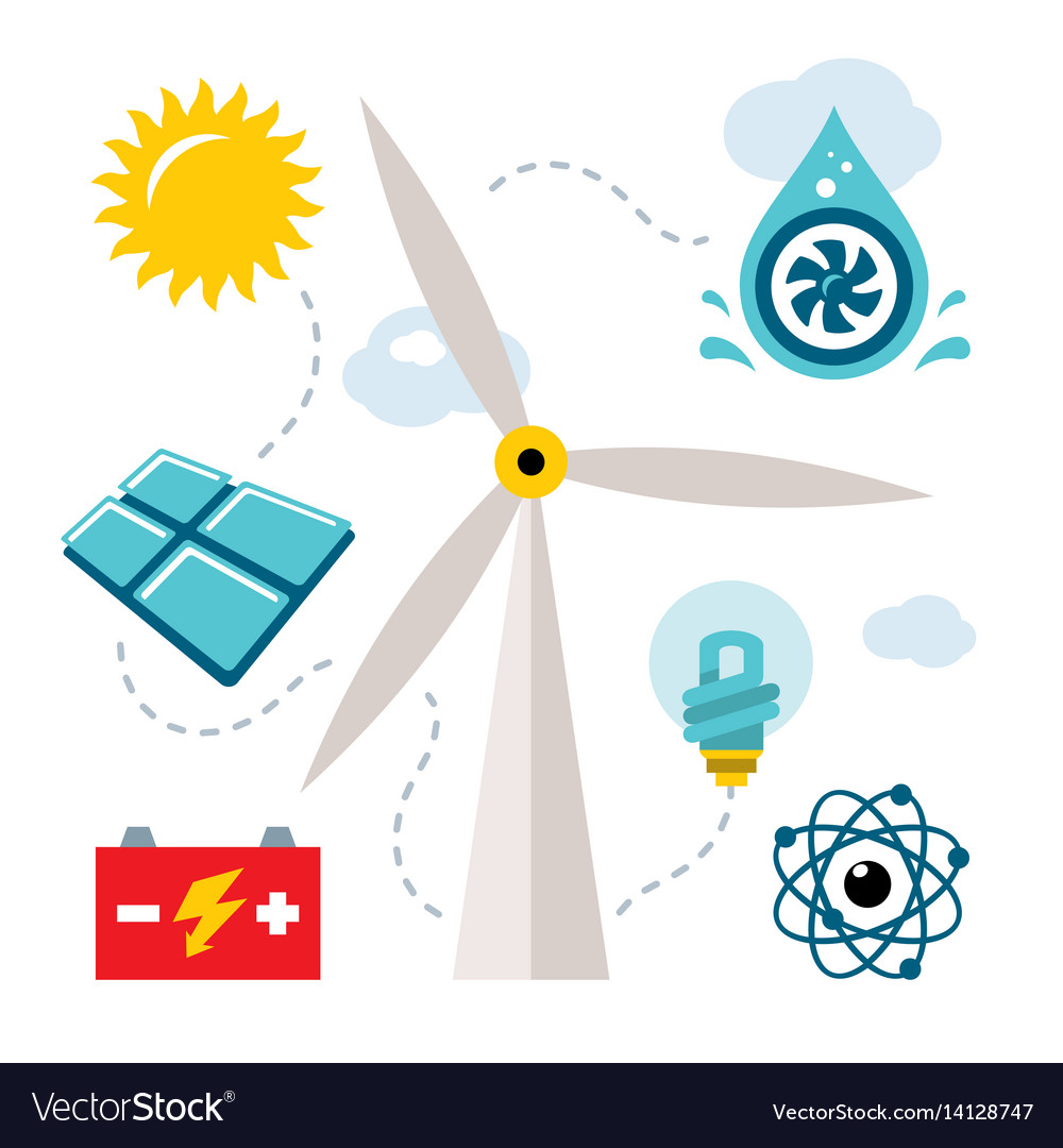 Set types power generation flat style Royalty Free Vector