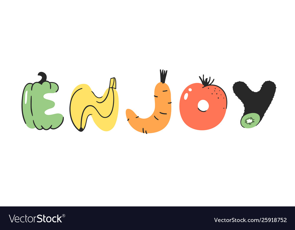 Cartoon vegetables and fruits and word enjoy hand Vector Image Cartoon vegetables and fruits and word enjoy hand Vector Image