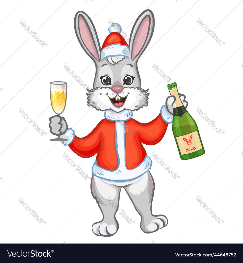 Rabbit as santa claus with glass and bottle