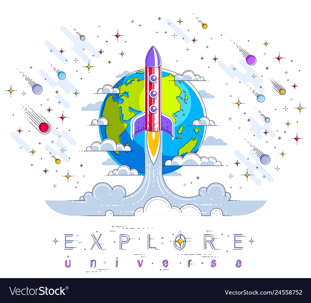 Rocket launch into undiscovered space with planet