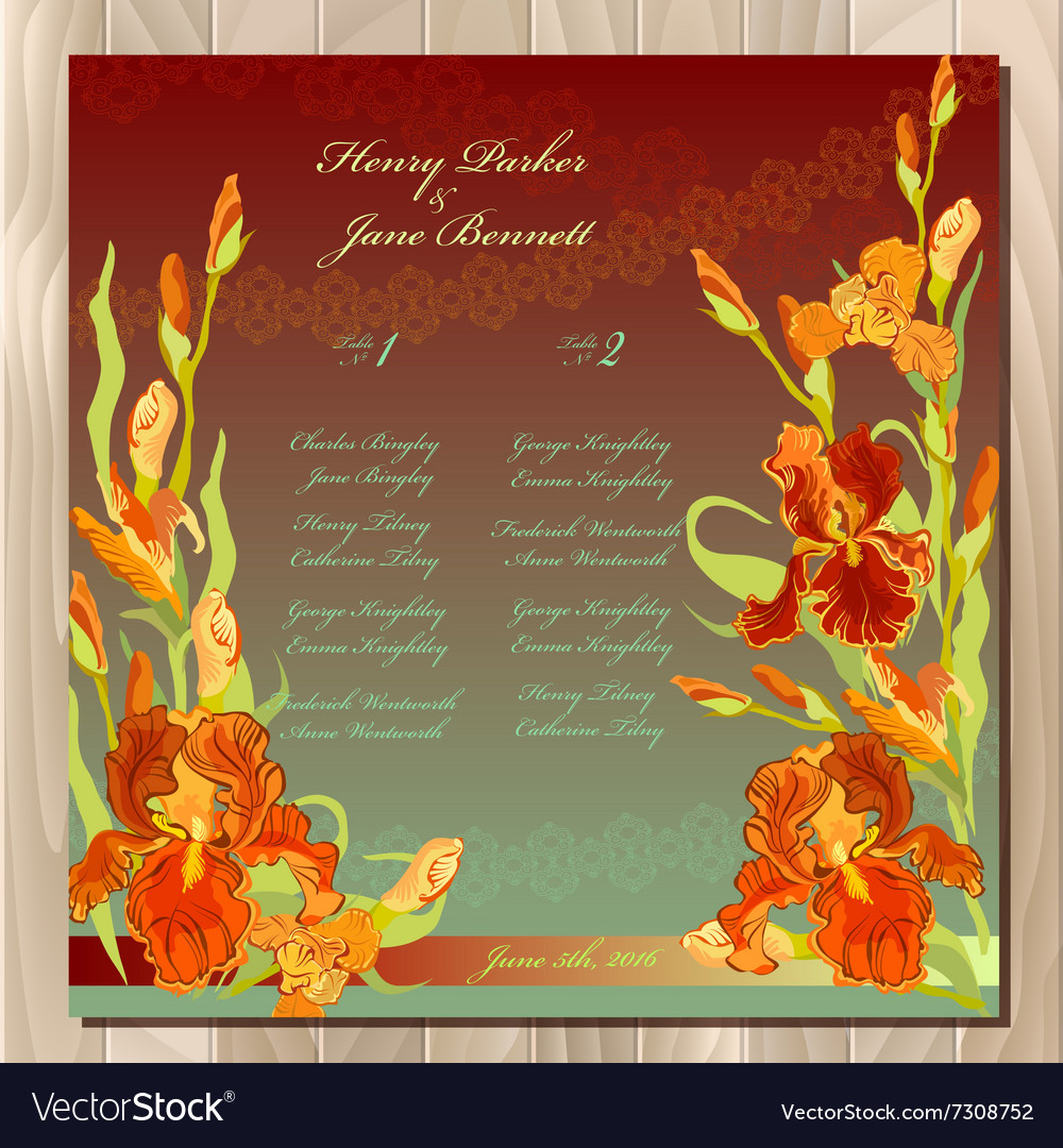 Table guest list background with red iris flowers