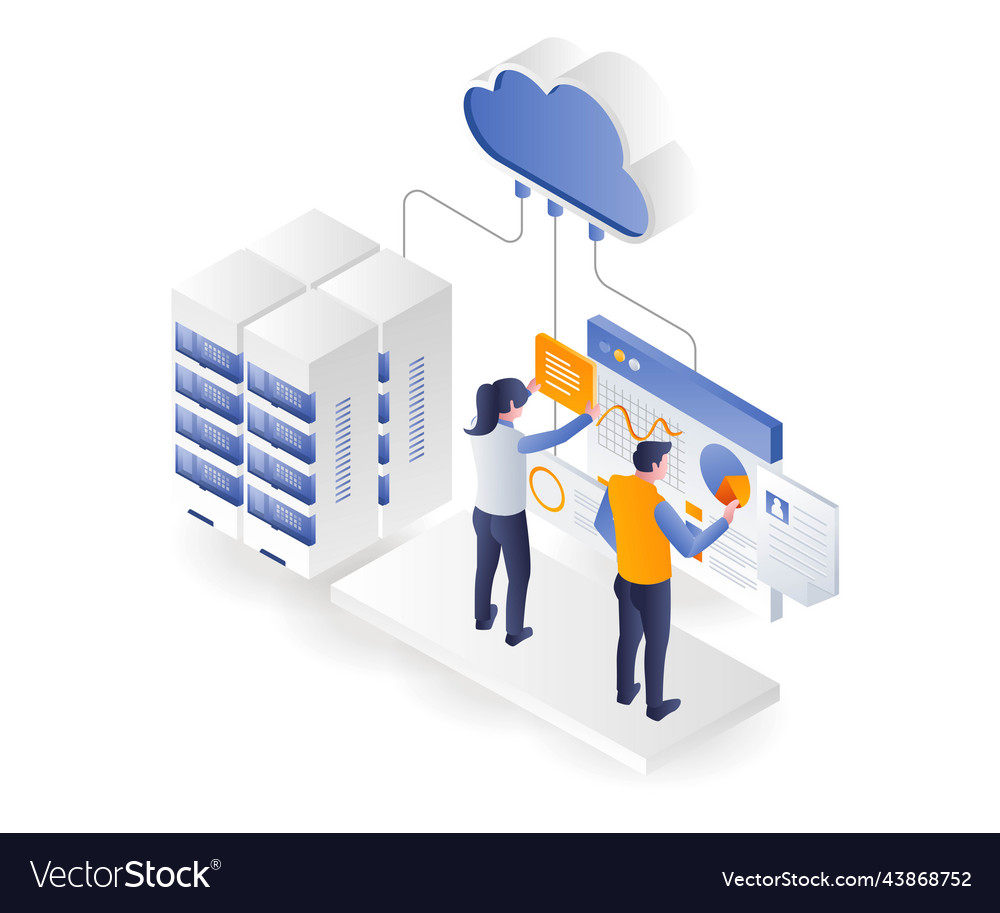 Team is compiling cloud server analysis data vector image Team is compiling cloud server analysis data