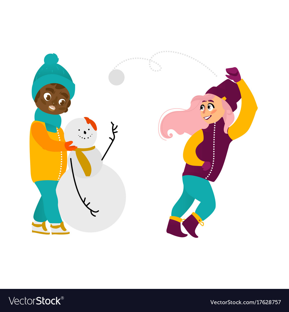 Kids having fun outdoors in winter set