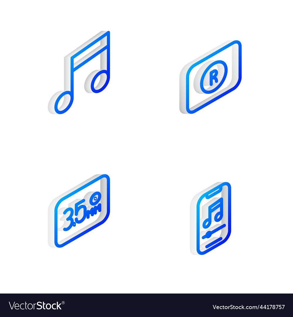 Set isometric line record button music note tone vector image Set isometric line record button music note tone