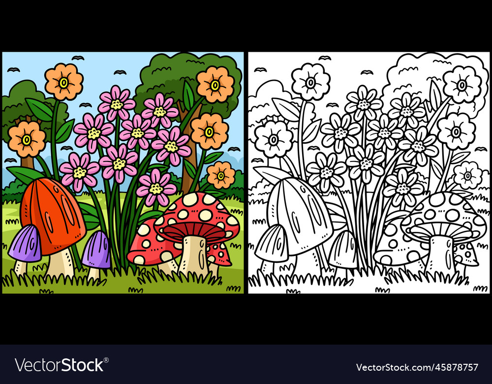 Spring mushrooms and flowers coloring Royalty Free Vector