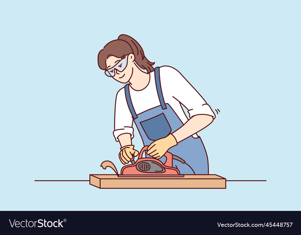 Woman furniture maker uses jointer to process Vector Image