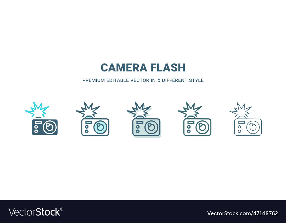 Camera flash icon in 5 different style outline