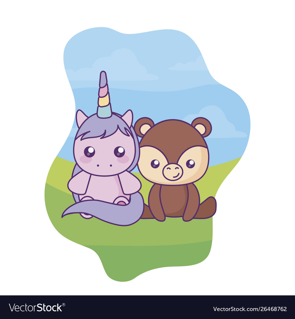 Süßes kleines Einhorn mit Bärenkind in der Landschaft vector image Süßes kleines Einhorn mit Bärenkind in der Landschaft