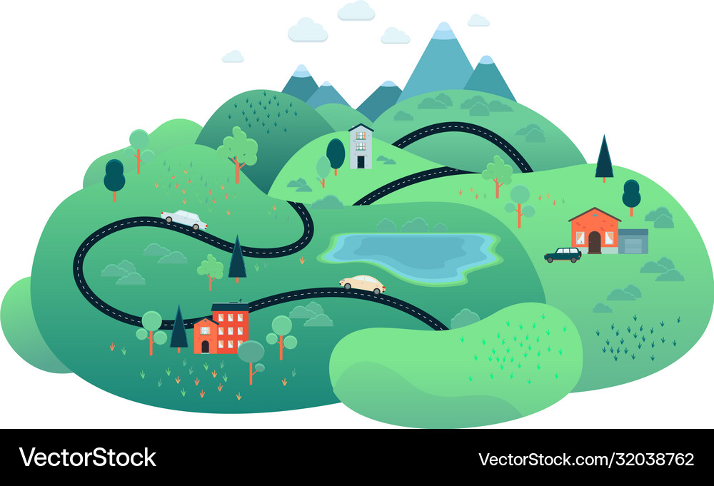 Rural landscape road path tree mountain Royalty Free Vector