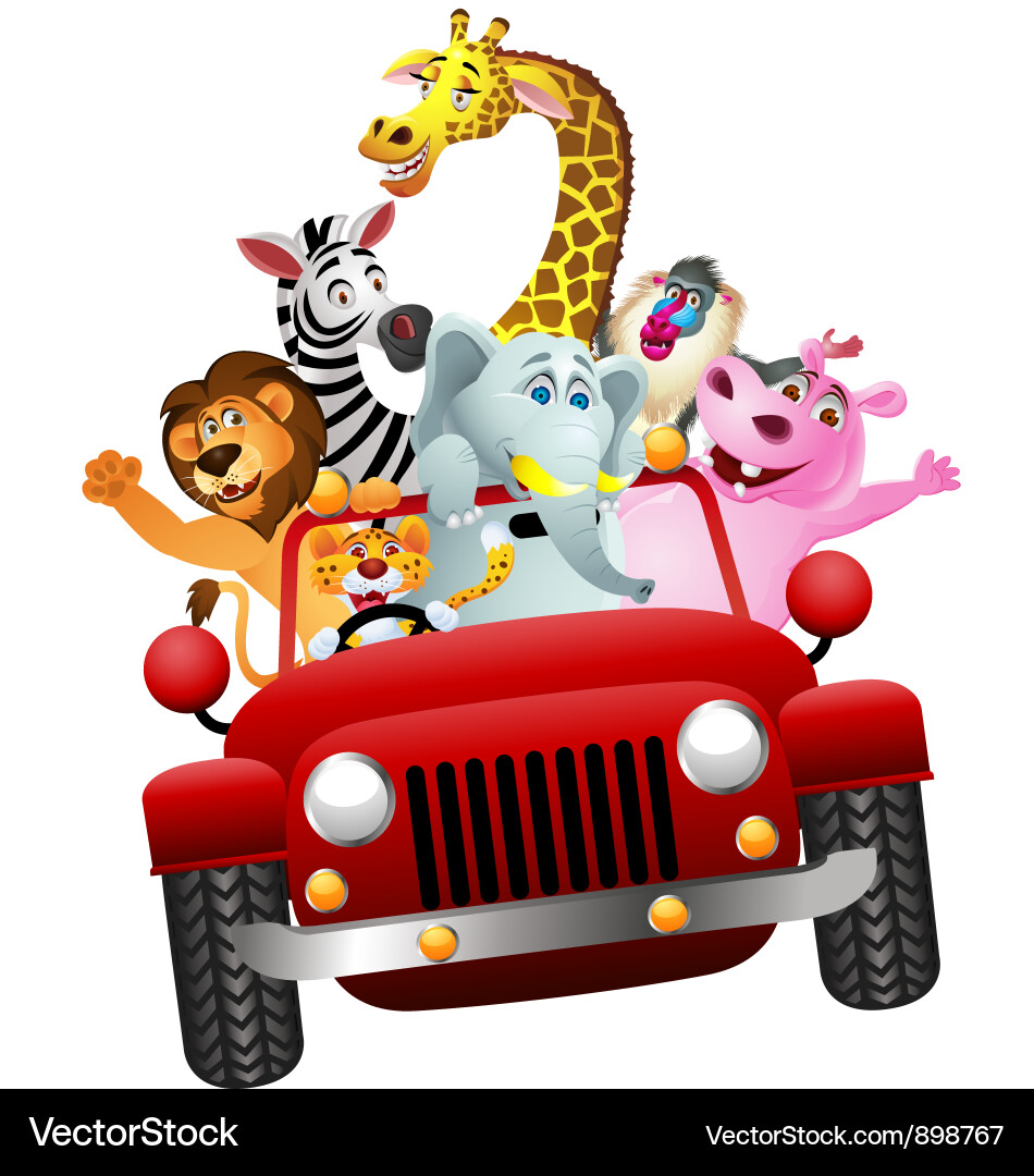 African Animals In Red Car Royalty Free Vector Image