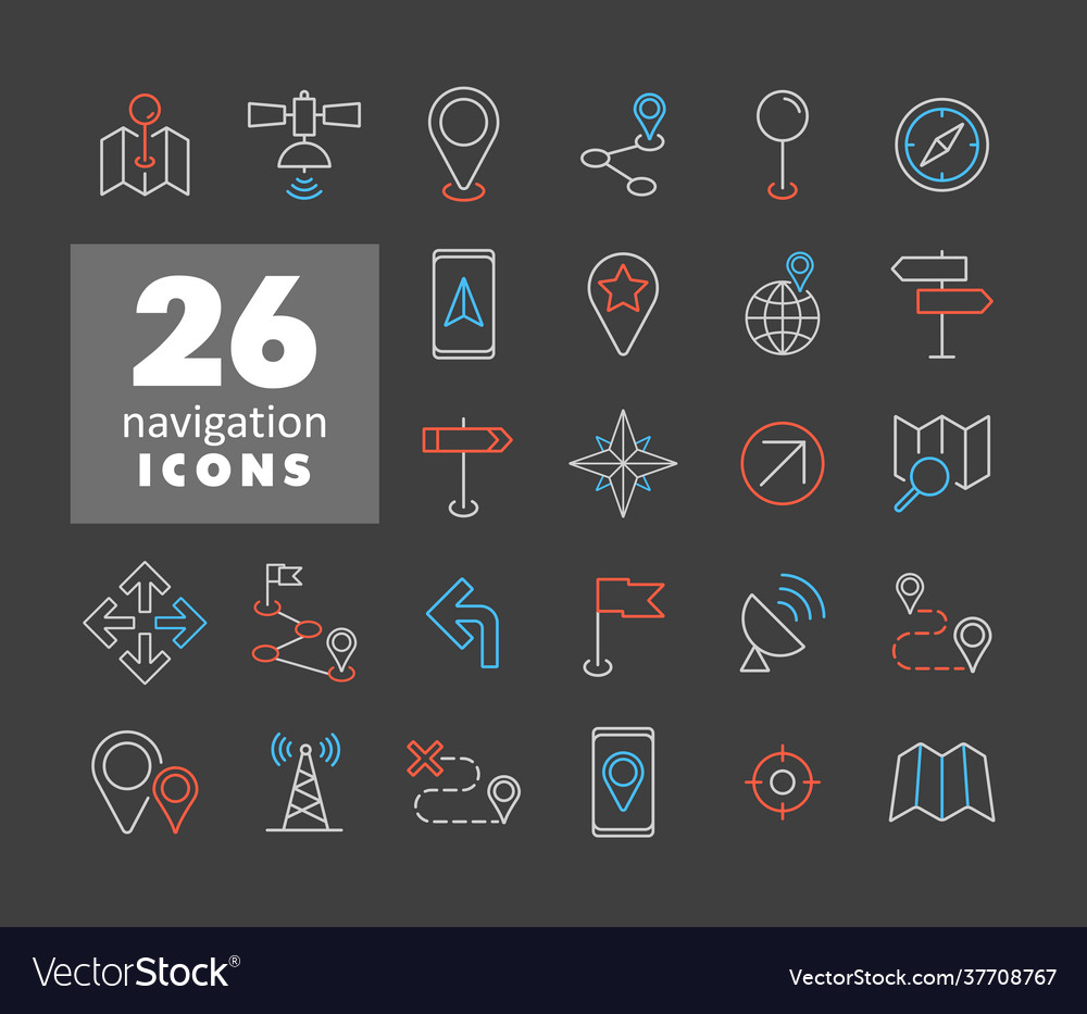 Maps location navigation icons set on dark