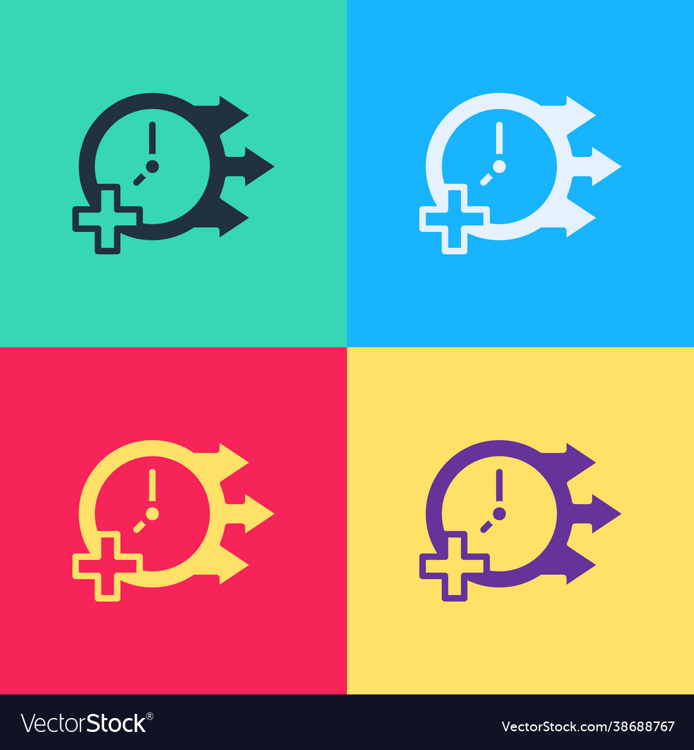 Pop art clock icon isolated on color background