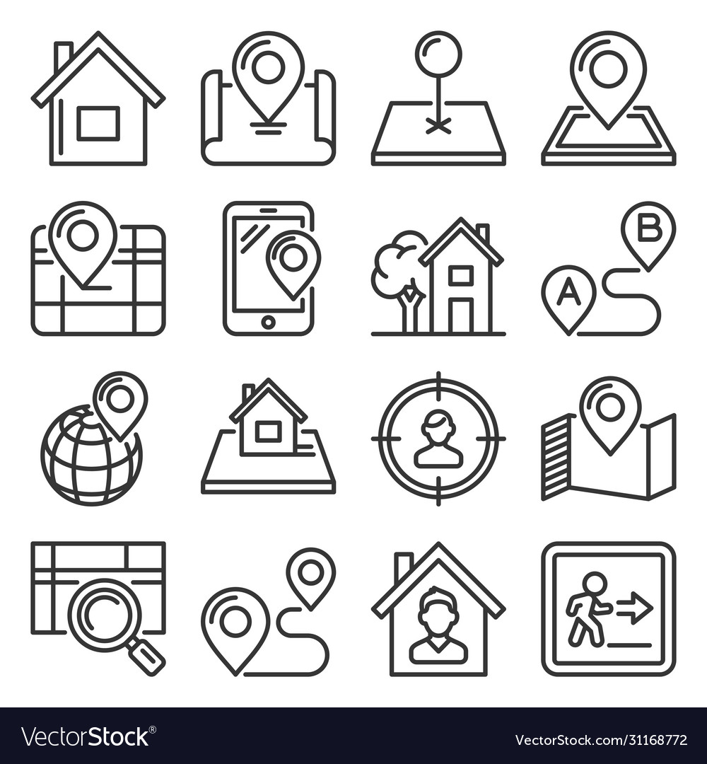 Maps and home location icons set line style vector image Maps and home location icons set line style