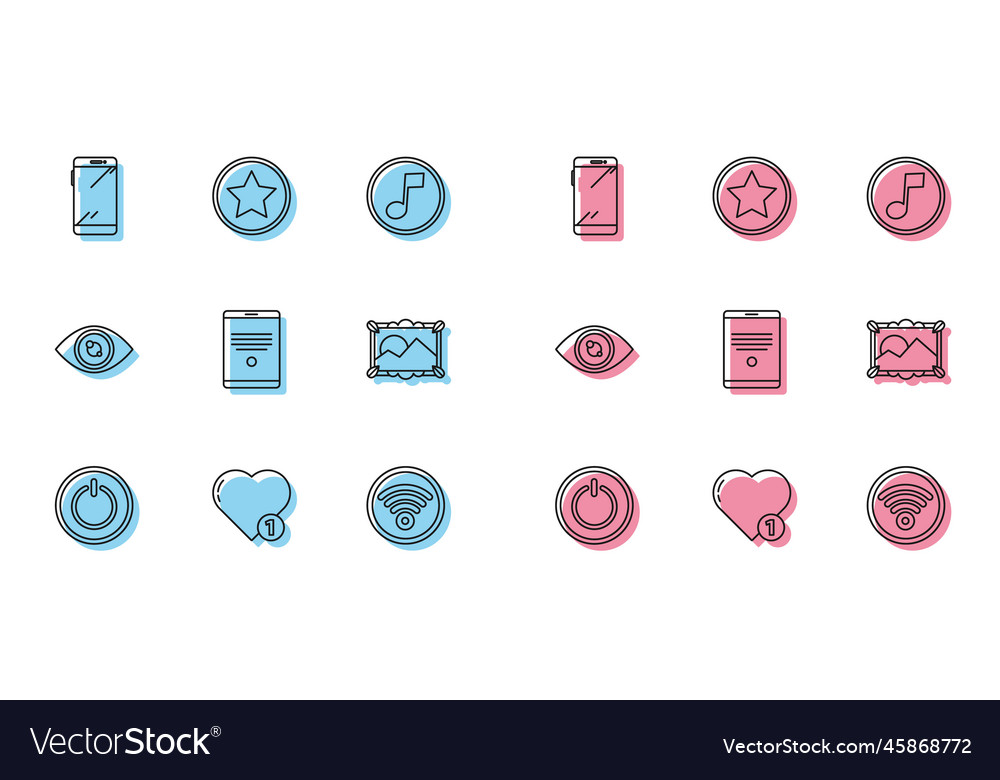 Set line power button like and heart smartphone vector image Set line power button like and heart smartphone