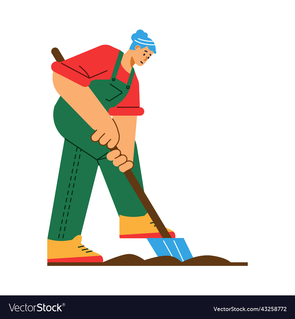 Woman in overalls digging the ground flat cartoon Vector Image