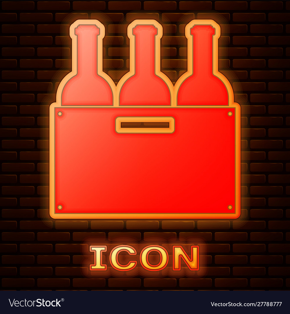 Glowing neon bottles wine in a wooden box icon