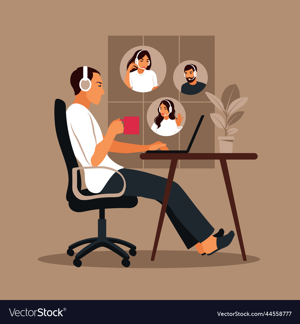Man using computer for collective virtual meeting Vector Image Man using computer for collective virtual meeting