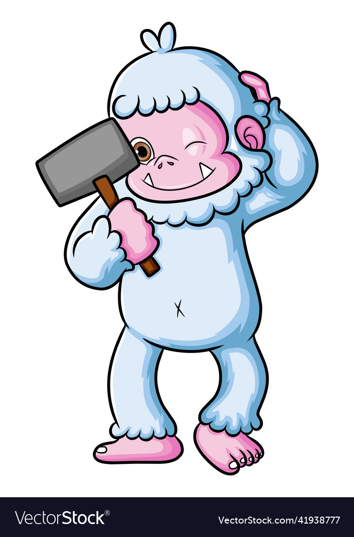 Silly yeti is holding the big stone hammer