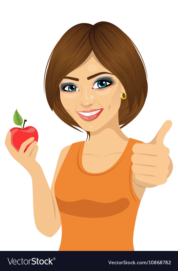 Beautiful woman with red apple showing thumbs up Vector Image