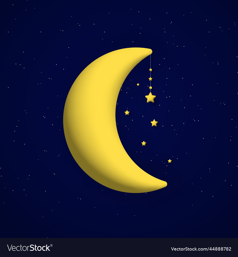 Cute night sky background with 3d moon and stars