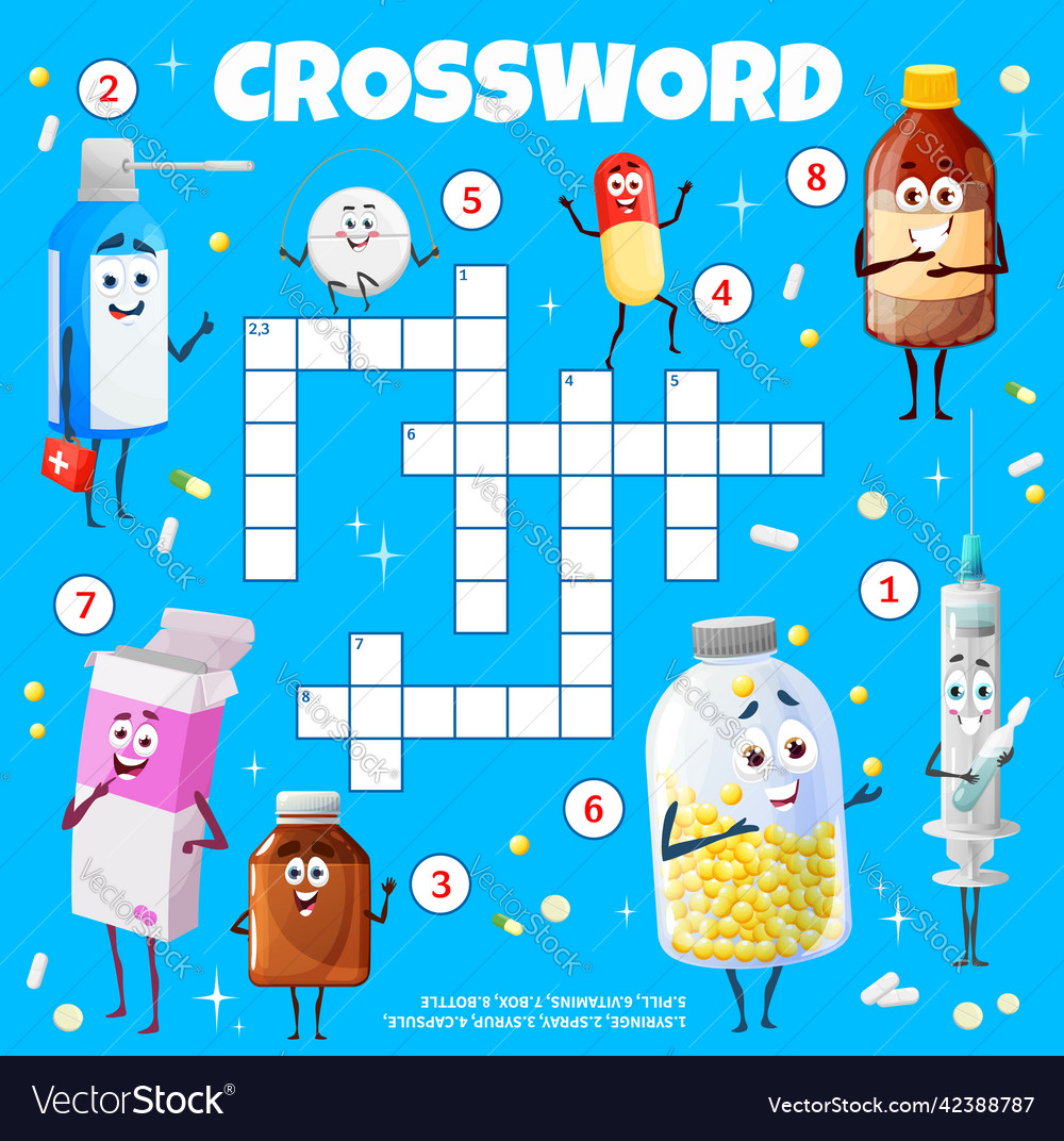 Cartoon tablets and pills on crossword worksheet Vector Image