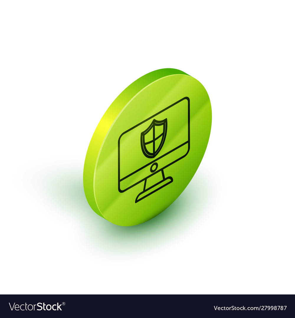 Isometric line computer monitor and shield icon vector image Isometric line computer monitor and shield icon