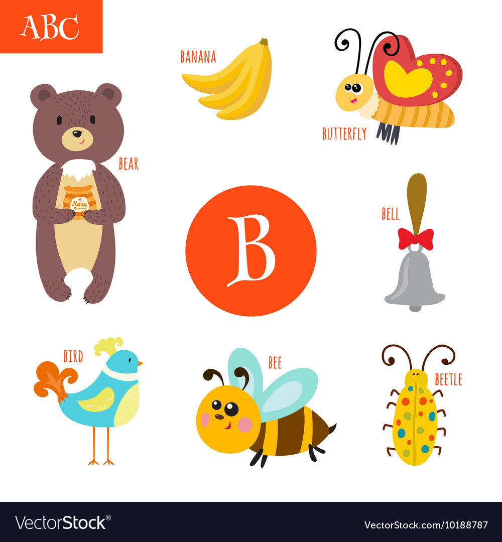 Letter b cartoon alphabet for children bear bee Vector Image