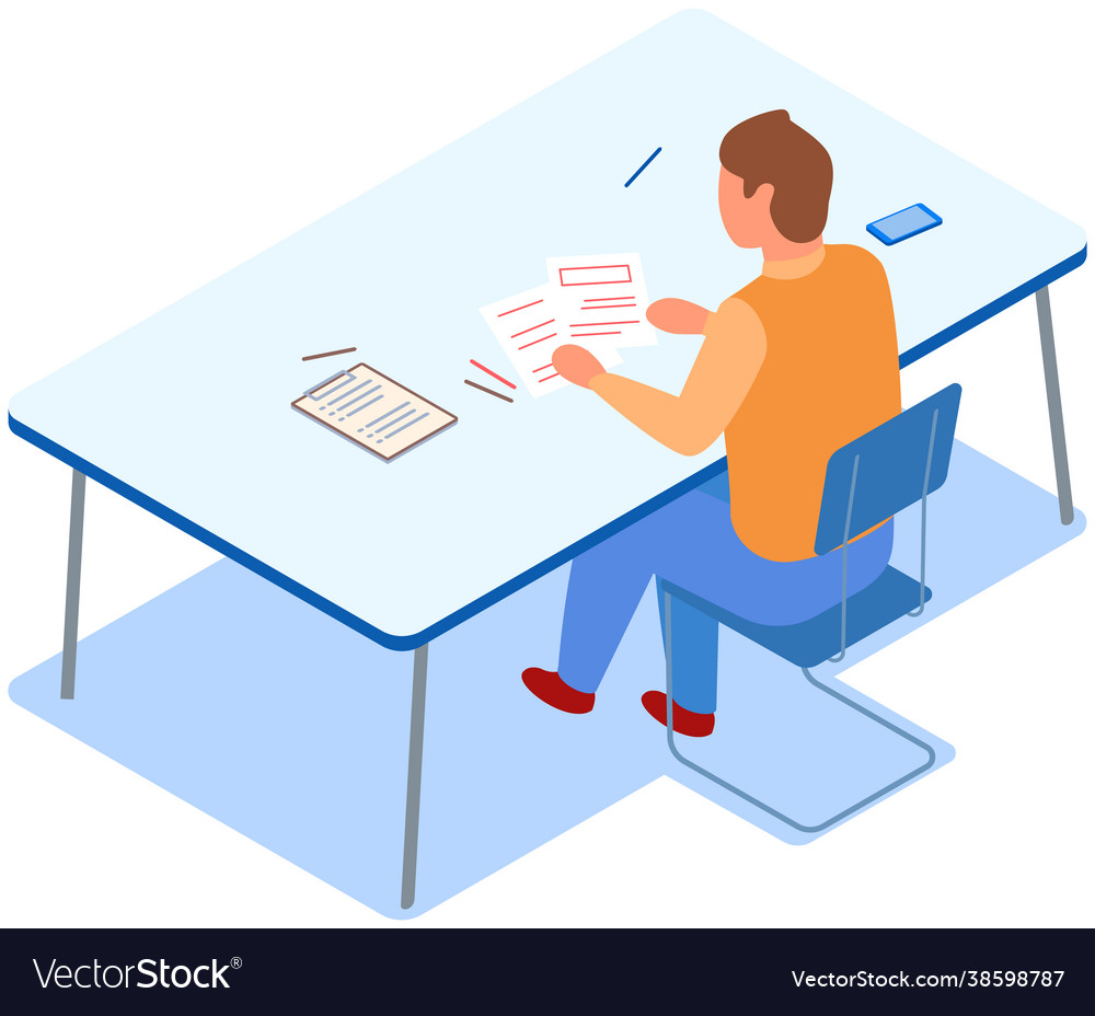 Man sits at table and works with text on clipboard vector image Man sits at table and works with text on clipboard