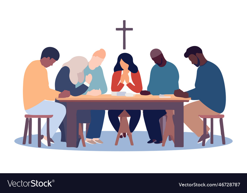 Multicultural group gathers at table for joint vector image Multicultural group gathers at table for joint