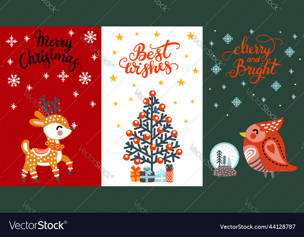 Set of three christmas cards with cute animals vector image Set of three christmas cards with cute animals