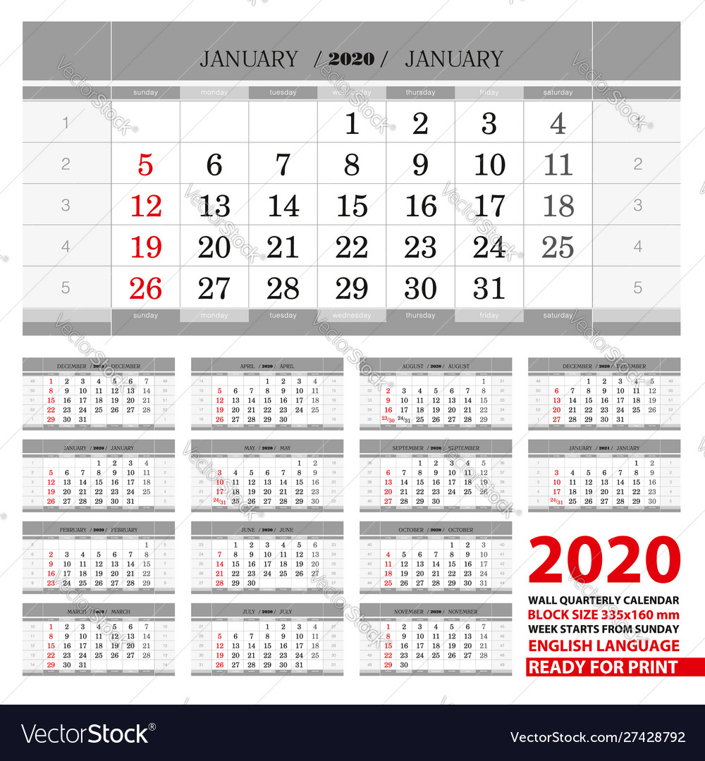 2020 wall calendar in english languages week