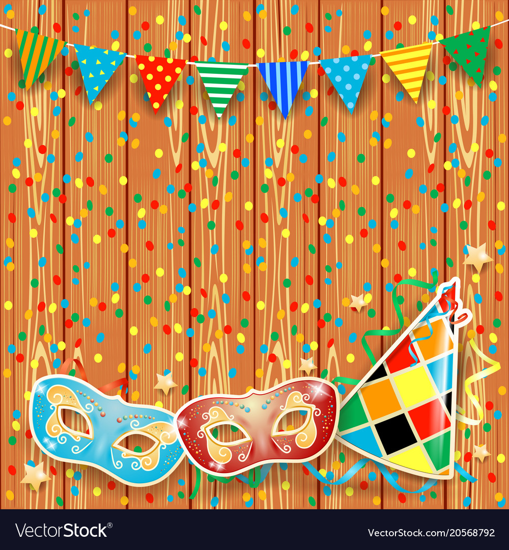 Carnival background with festoon masks and hat Vector Image