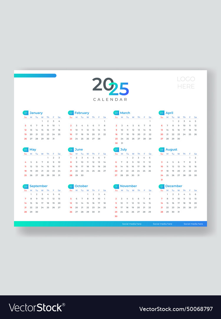 One page 2025 calendar design template for Vector Image