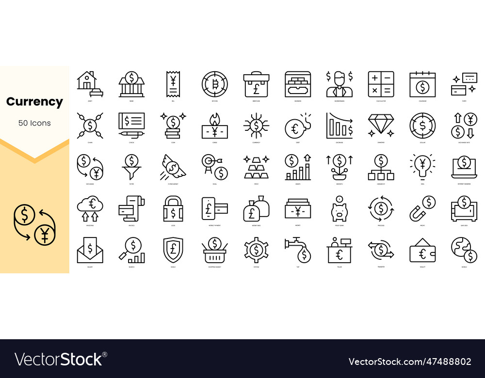 Set of currency icons simple line art style Vector Image Set of currency icons simple line art style