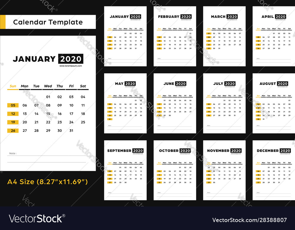 Calendar 2020 simple design template set monthly Vector Image