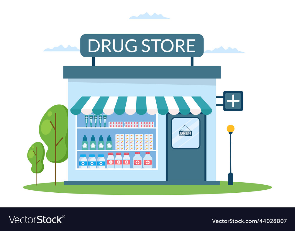 Drug store template hand drawn cartoon flat shop Vector Image