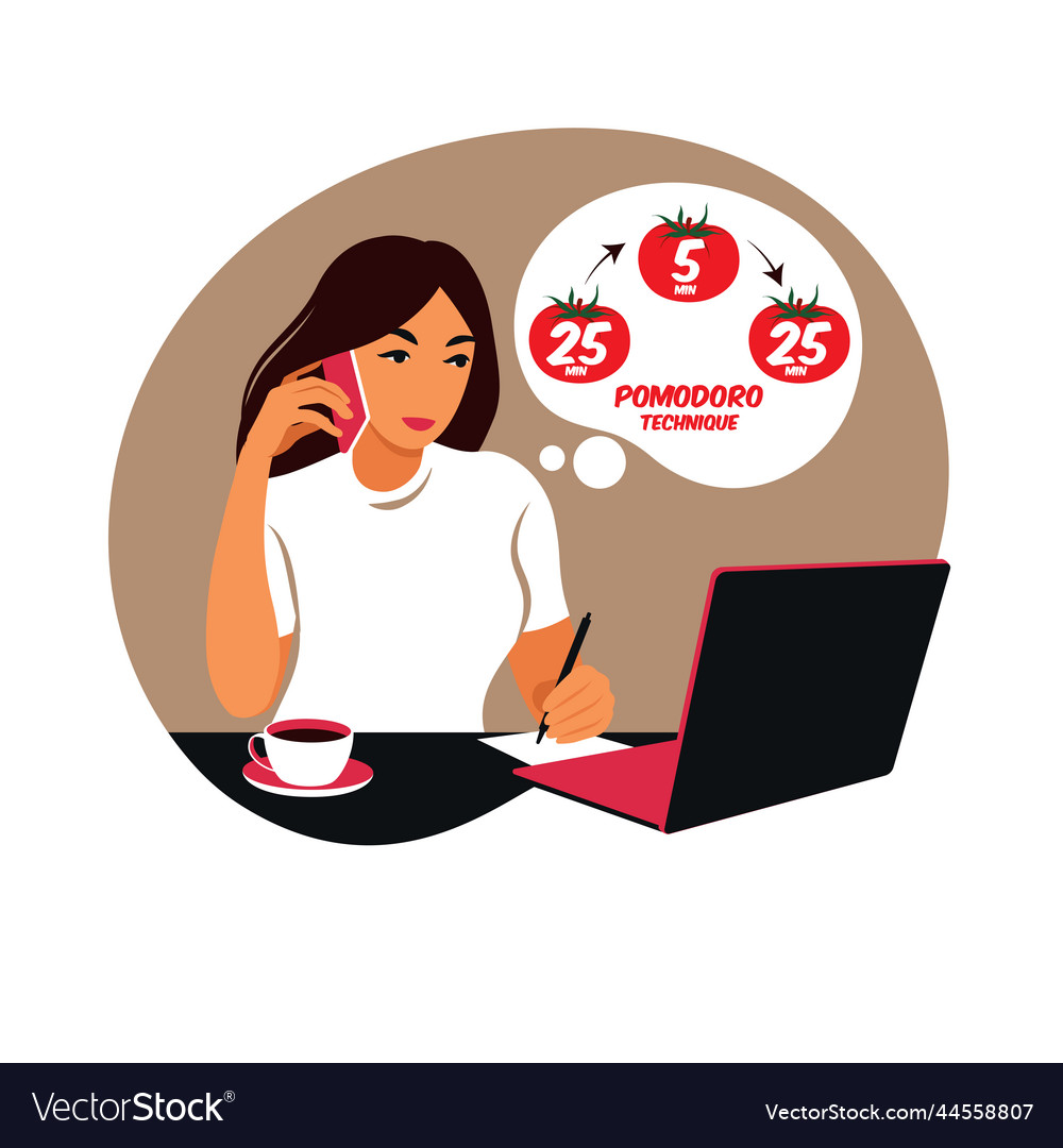 Girl manager working with computer using time