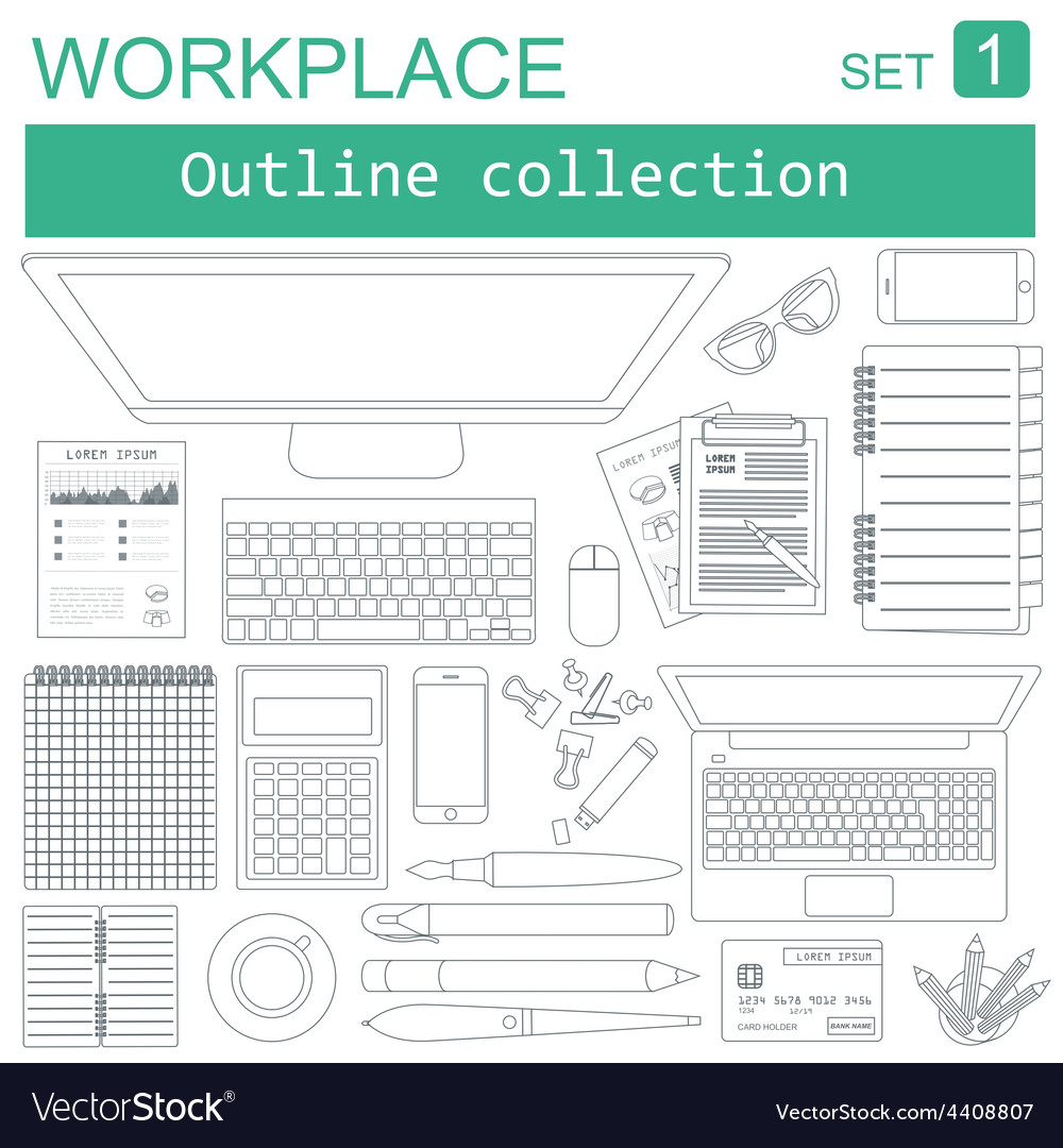 Working place in outline linear flat design