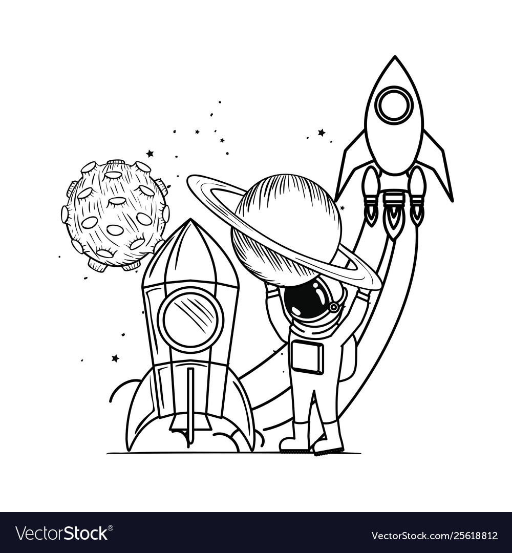 Astronaut with spacesuit and rocket in white