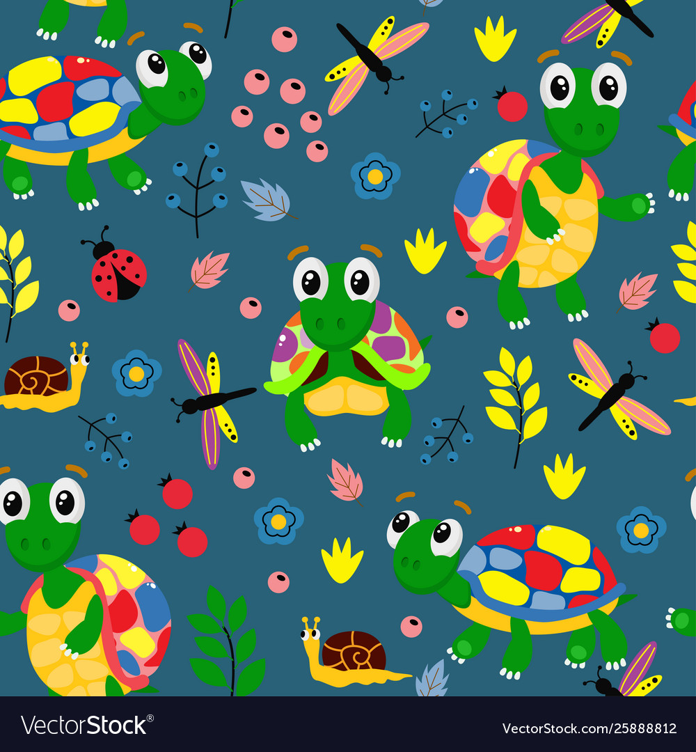 Blue seamless pattern with colorful turtles