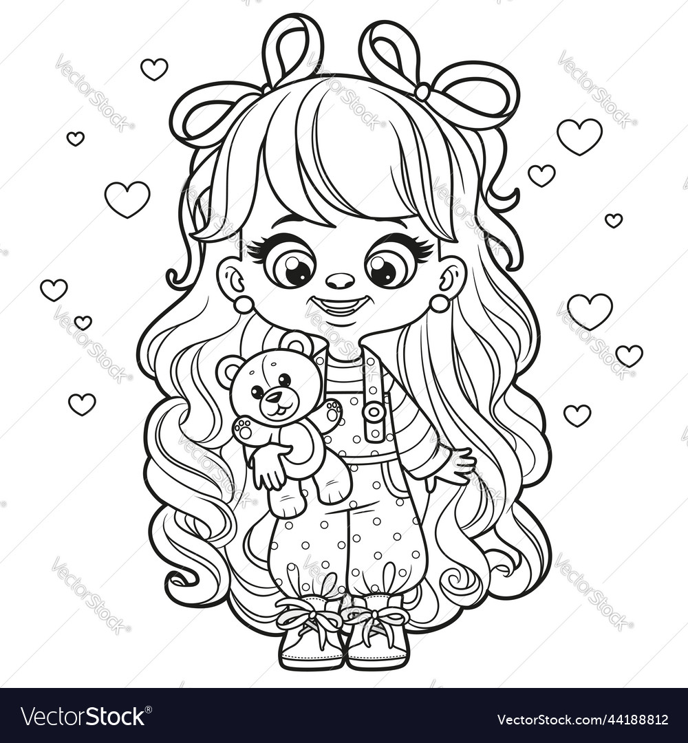 Cute cartoon long haired girl with soft toy teddy