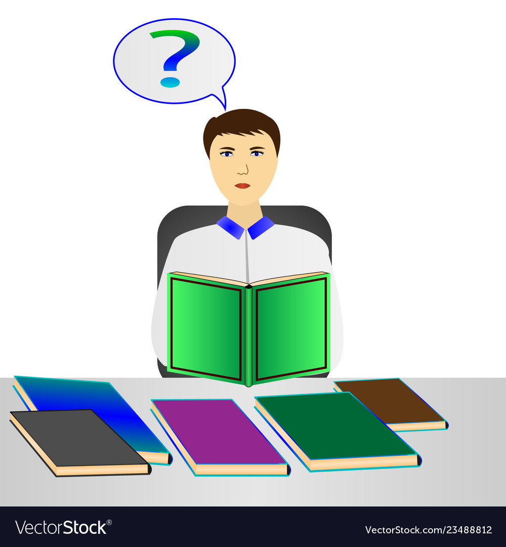 Man reading a book puzzled by the question vector image Man reading a book puzzled by the question