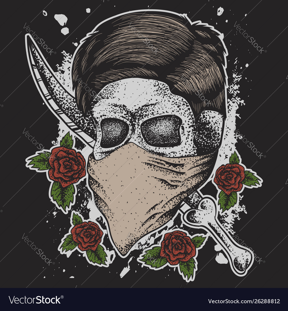 Skull man head dagger rose