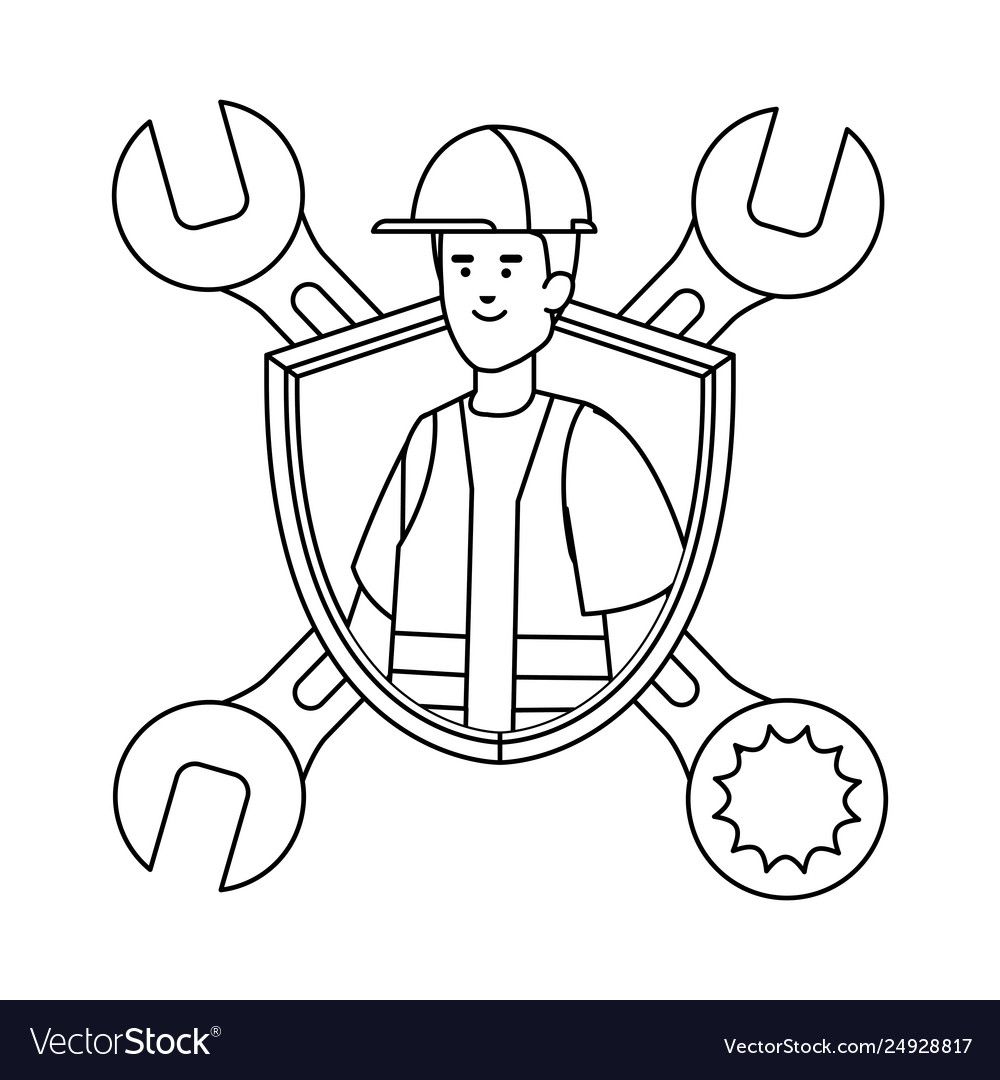 Builder worker with helmet and wrenches in shield