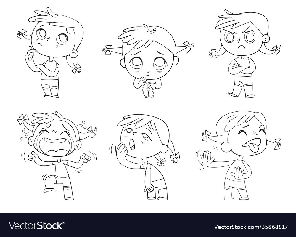 Cute girl with different emotions coloring book Vector Image