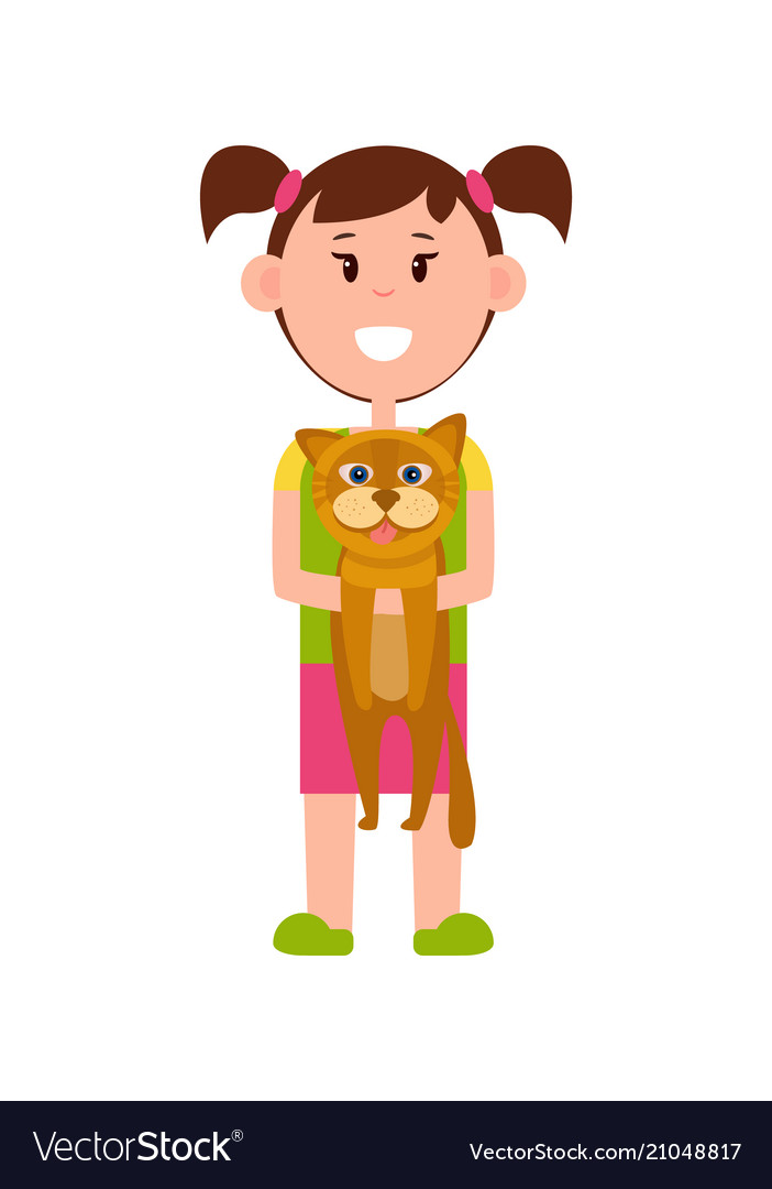 Little girl with ponytails stands and holds cat