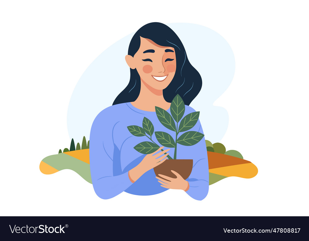 Young woman holding plant with soil growing Vector Image